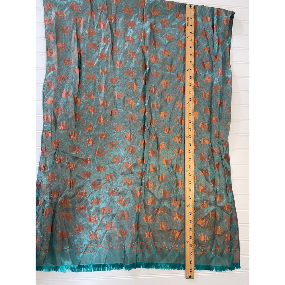Thai Silk 100% Elephant Scarf Teal Copper Iridescent Jacquard Fringe Wrap - Picture 5 of 7